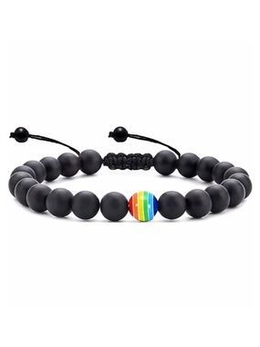 Black Matte Beaded Bracelet | Rainbow Accent | Adjustable Unisex Stackable